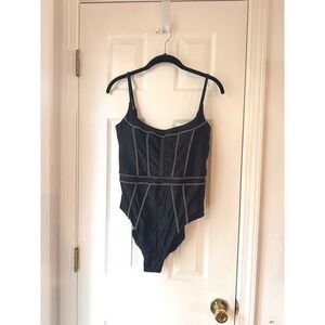 BECCA Black Corset Style One Piece Swimsuit With‎ White Stitching LARGE